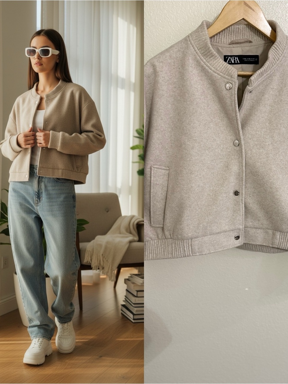 ZARA XXL Beige Wool Look Bomber Jacket Snap Front Oversized Minimalist